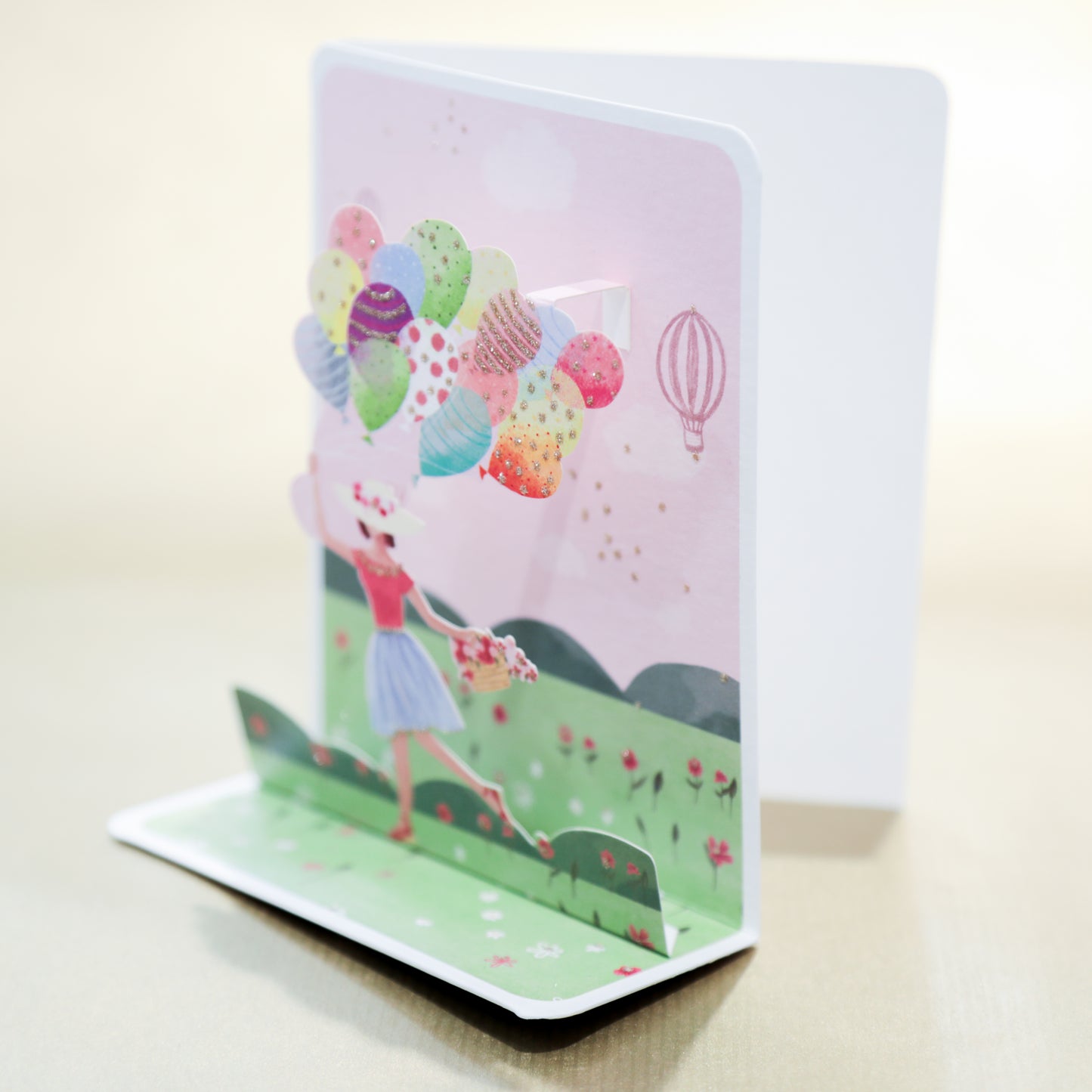 3D Greeting Card - Balloon cluster in a flower field