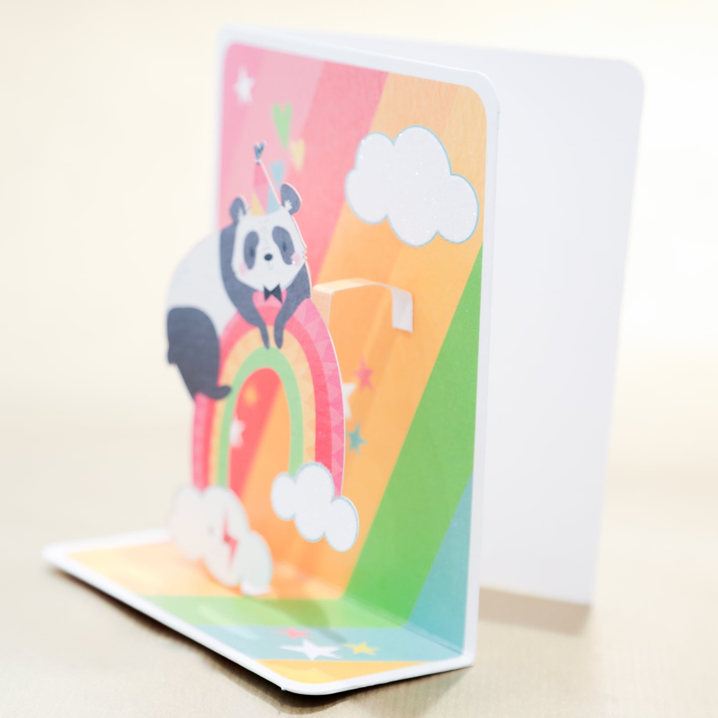 3D Greeting Card - Party Panda on a Rainbow. Children's