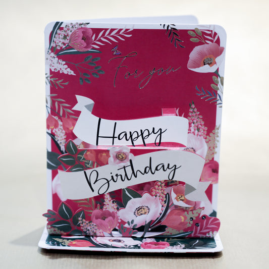 3D Greeting Card – Happy Birthday, Pink and Gold Flowers