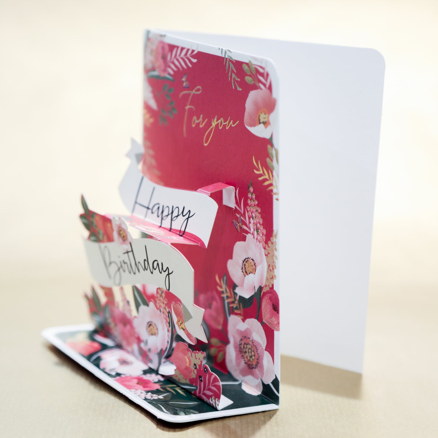 3D Greeting Card – Happy Birthday, Pink and Gold Flowers
